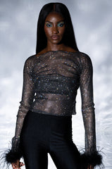 SHEER FEATHER DETAILED RHINESTONE TOP