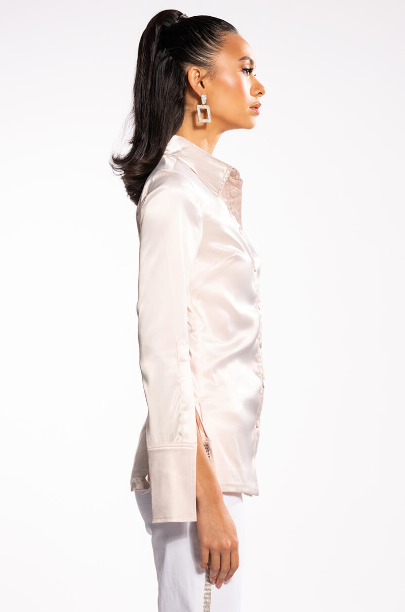 SHINE ON EMBELLISHED SATIN BUTTON DOWN BLOUSE