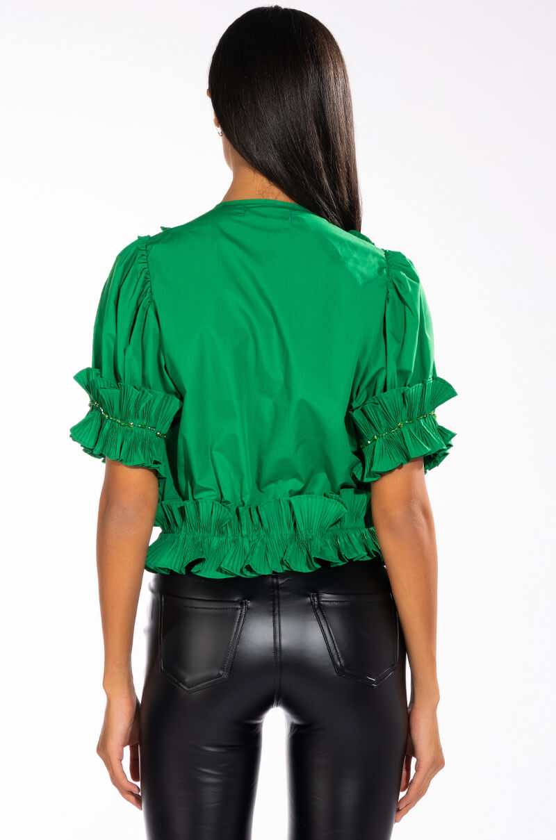 RUFFLED SHORT SLEEVE TIE FRONT BLOUSE