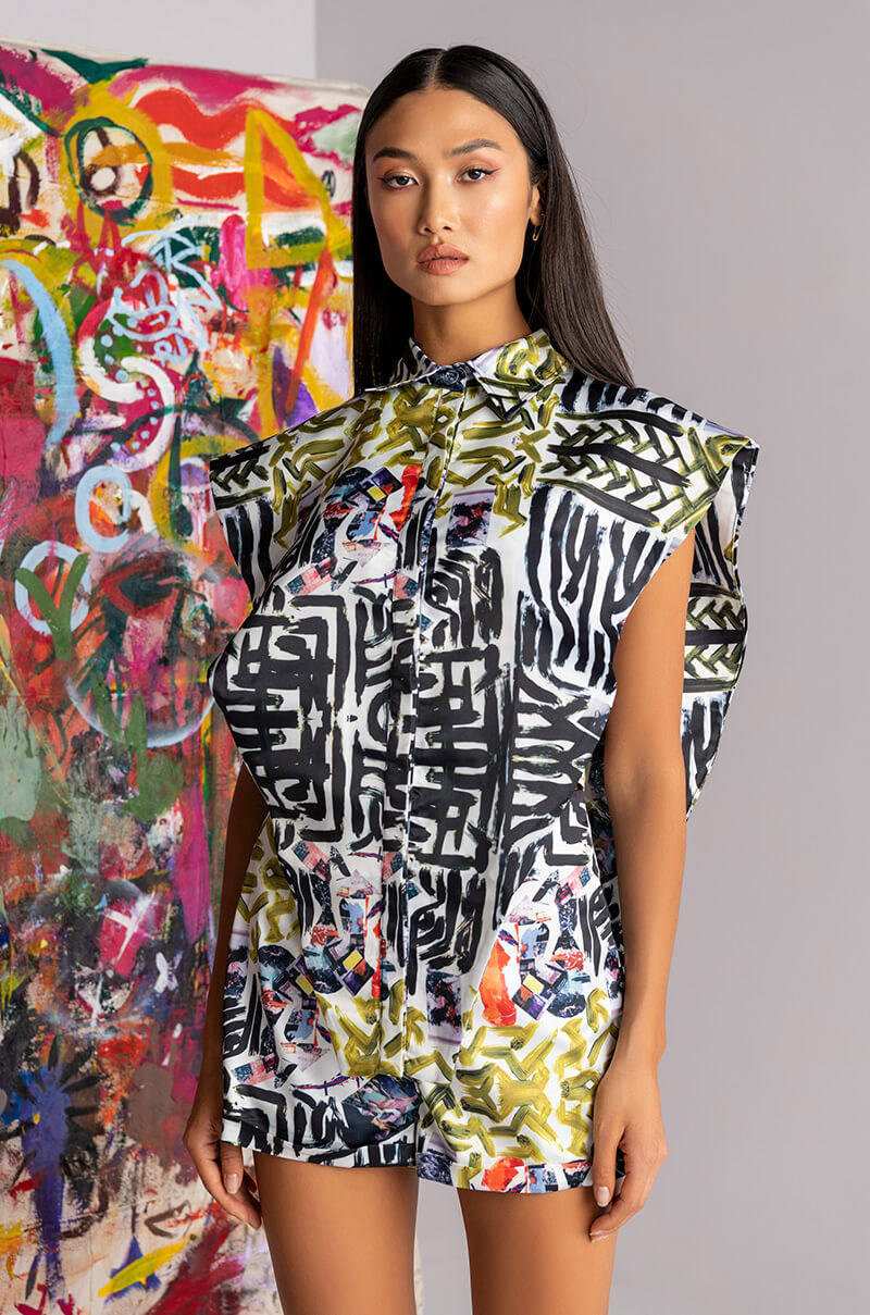 SKYART X AKIRA SATIN BUTTON UP BLOUSE