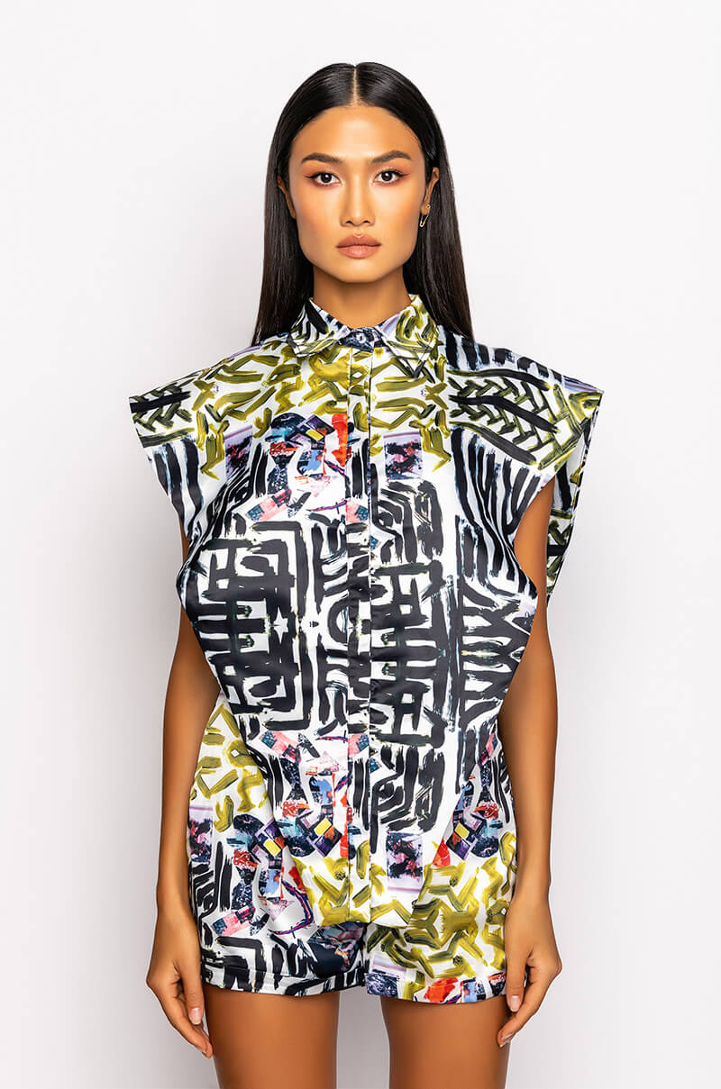 SKYART X AKIRA SATIN BUTTON UP BLOUSE
