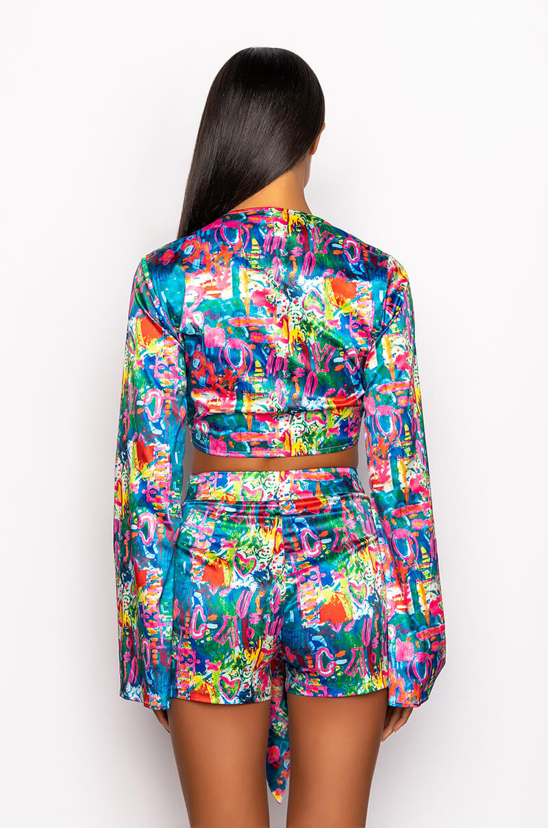 SKYART X AKIRA SATIN TIE FRONT BLOUSE