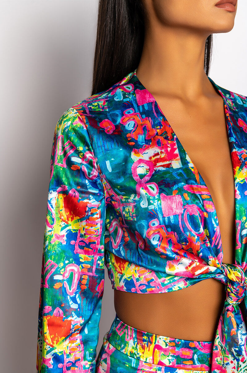 SKYART X AKIRA SATIN TIE FRONT BLOUSE