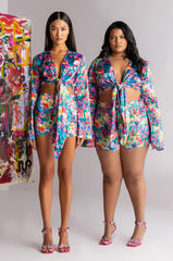SKYART X AKIRA SATIN TIE FRONT BLOUSE
