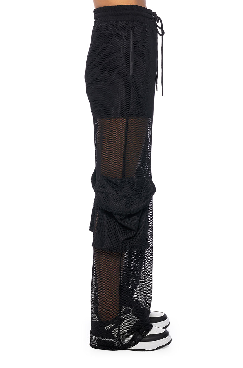 CARGO POCKET MESH SHEER JOGGER IN BLACK
