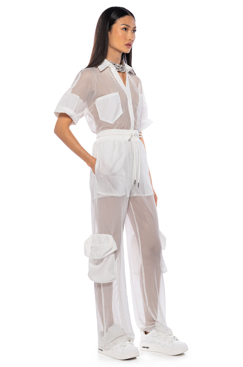 CARGO POCKET MESH SHEER JOGGER IN WHITE