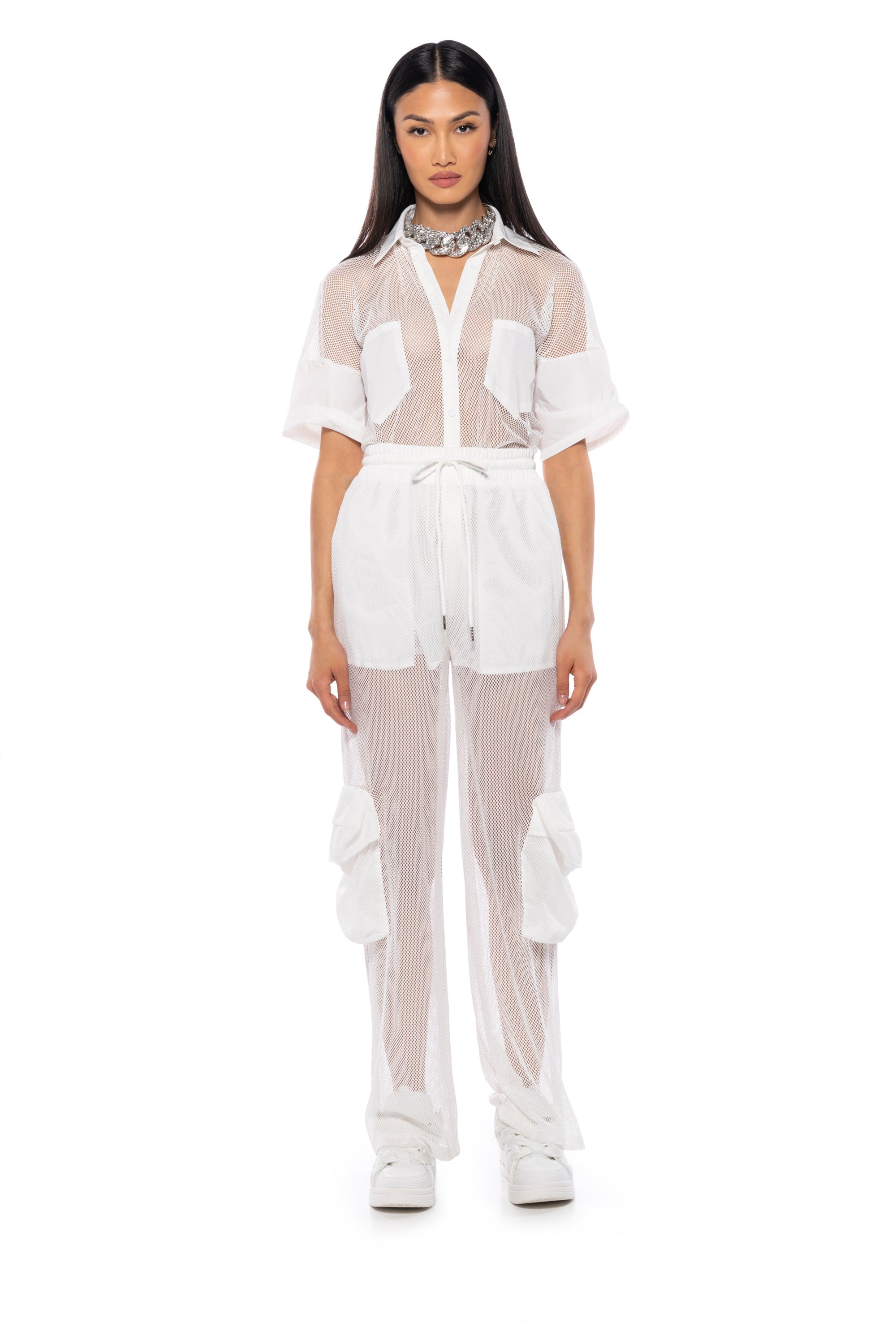 CARGO POCKET MESH SHEER JOGGER IN WHITE
