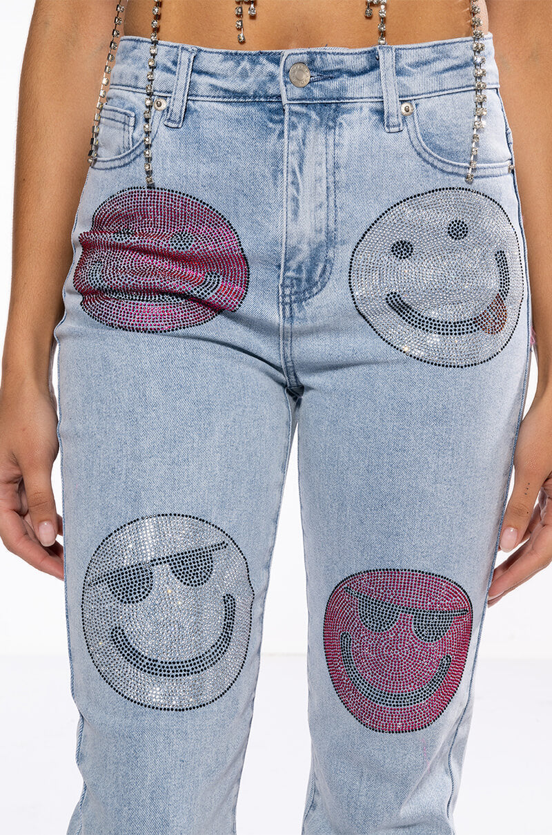 SMILEY FACES RHINESTONE HIGH RISE STRAIGHT JEANS