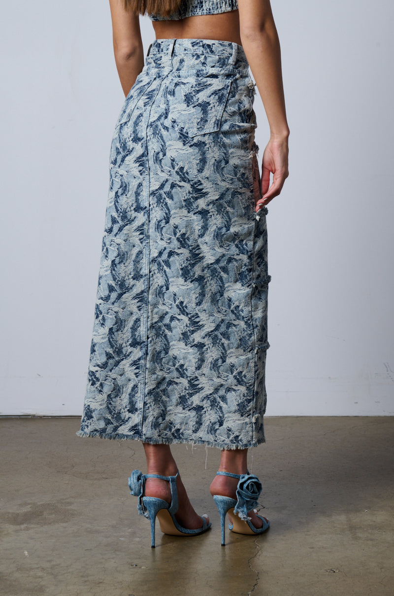SOLEIL DISTRESSED DENIM MAXI SKIRT
