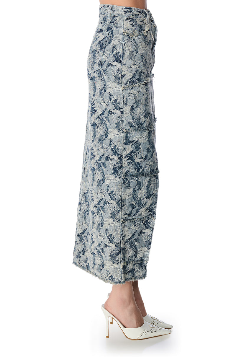 SOLEIL DISTRESSED DENIM MAXI SKIRT