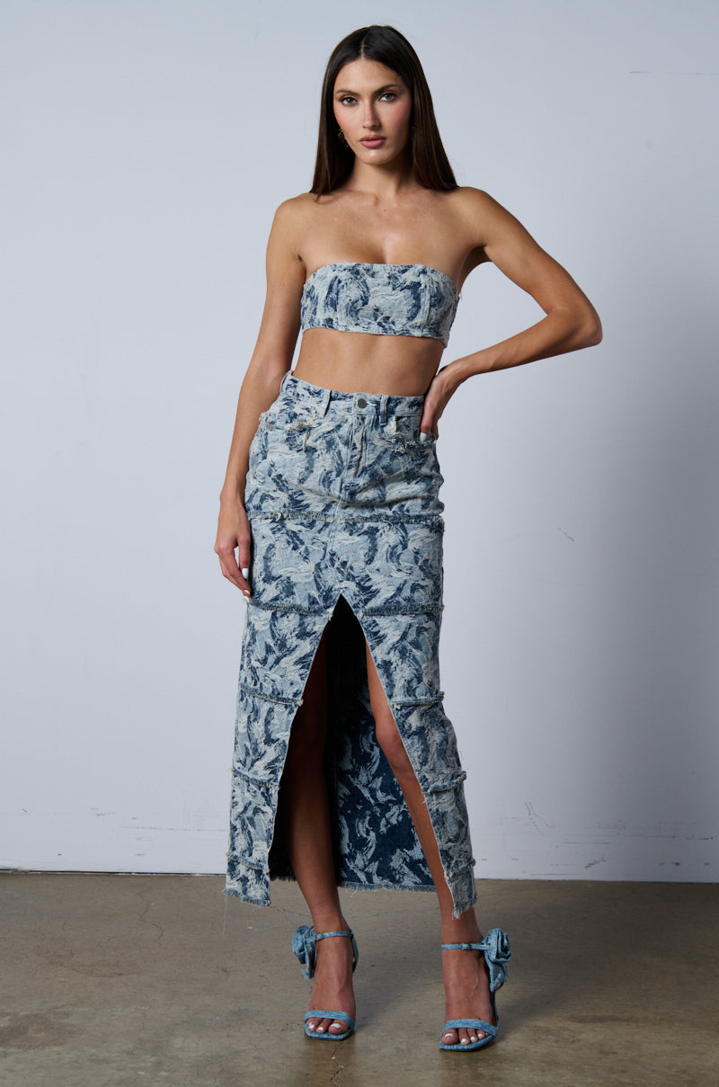 SOLEIL DISTRESSED DENIM MAXI SKIRT