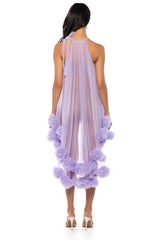 SONYA POM POM DETAIL HIGH LOW SHEER DRESS IN PURPLE