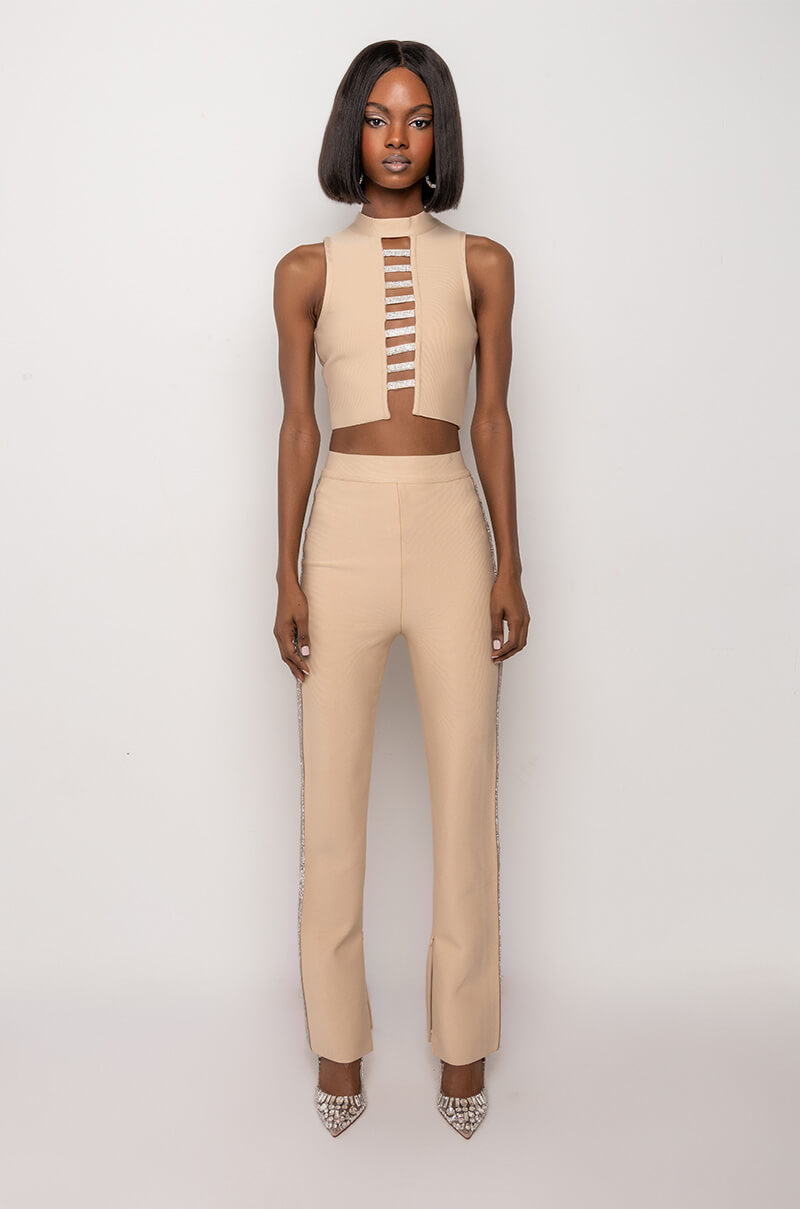 SORRY I'M LATE RHINESTONE MOCK NECK BANDAGE CROP TOP