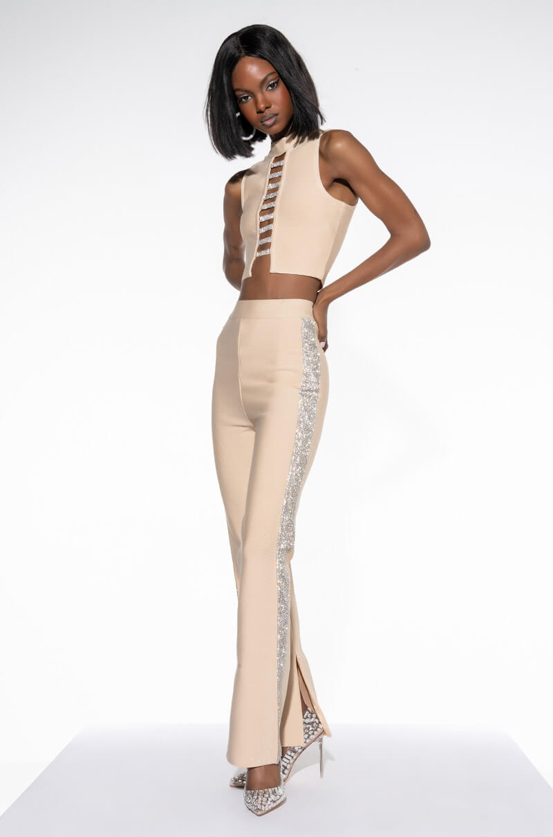 SORRY I'M LATE RHINESTONE MOCK NECK BANDAGE CROP TOP