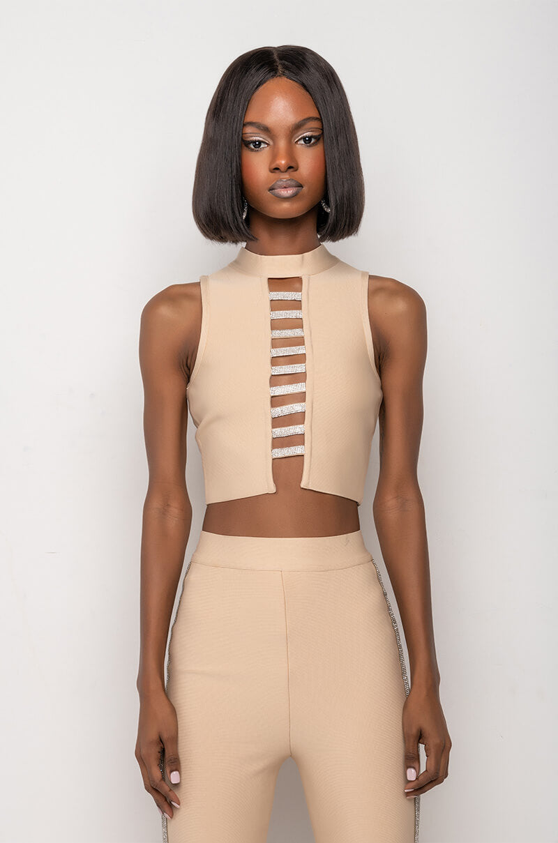 SORRY I'M LATE RHINESTONE MOCK NECK BANDAGE CROP TOP