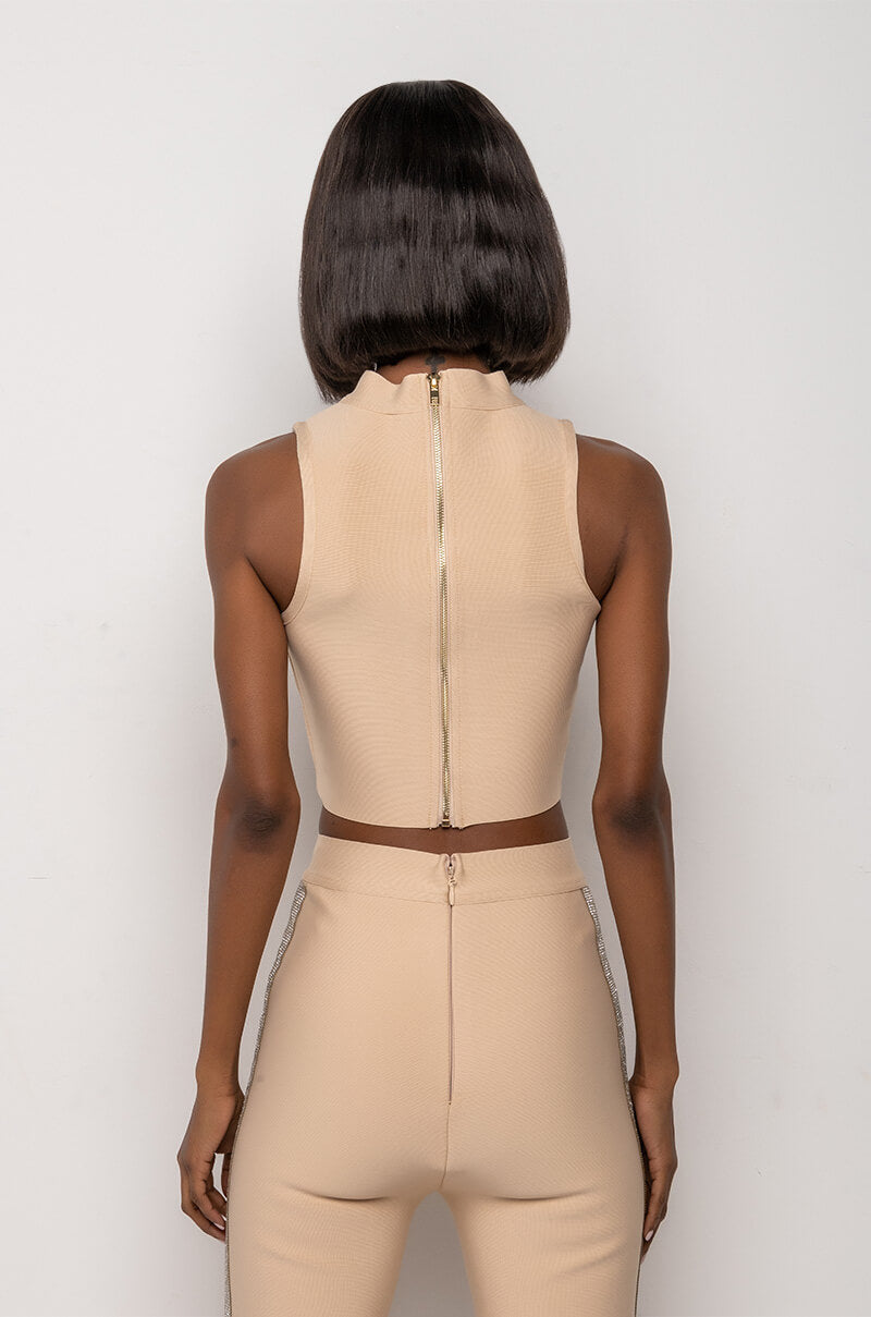 SORRY I'M LATE RHINESTONE MOCK NECK BANDAGE CROP TOP