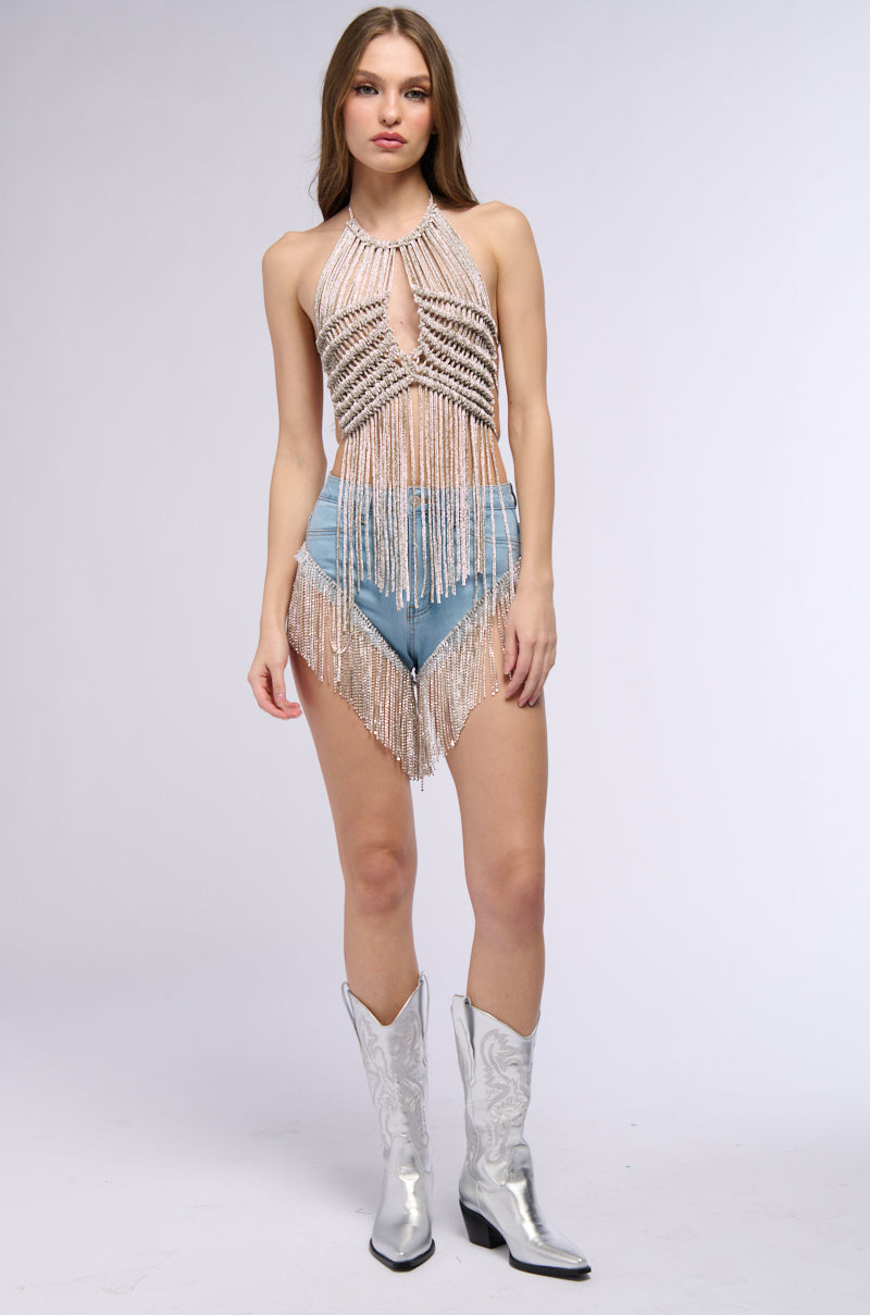 SPARKLE & SHINE EMBELLISHED FRINGE BRA TOP