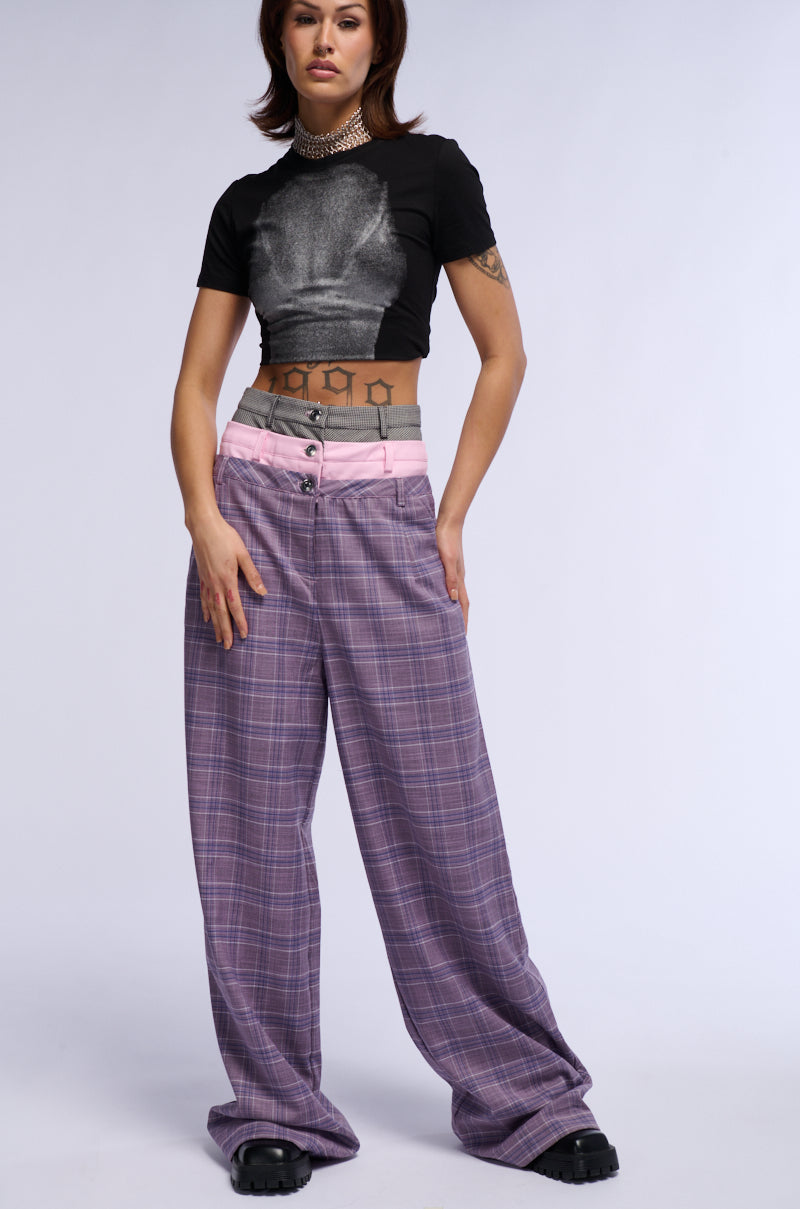 SPECIAL DAY PLAID AND PU WIDE LEG TROUSER