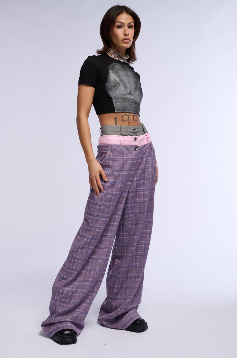 SPECIAL DAY PLAID AND PU WIDE LEG TROUSER
