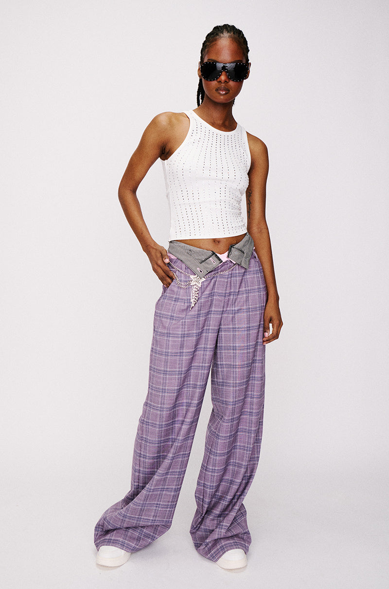 SPECIAL DAY PLAID AND PU WIDE LEG TROUSER