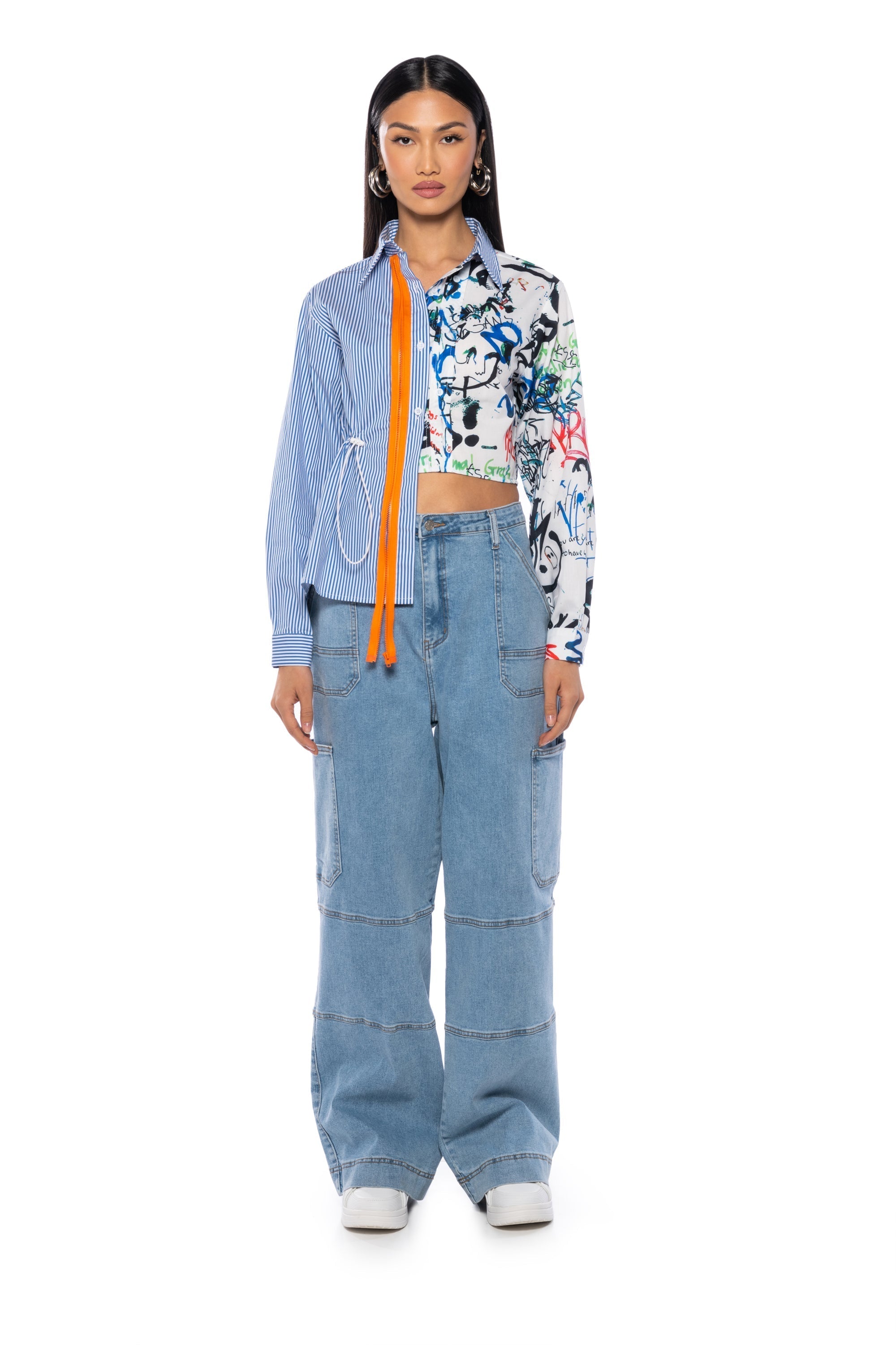 SPENCER ASYMMETRICAL MIXED BUTTON DOWN