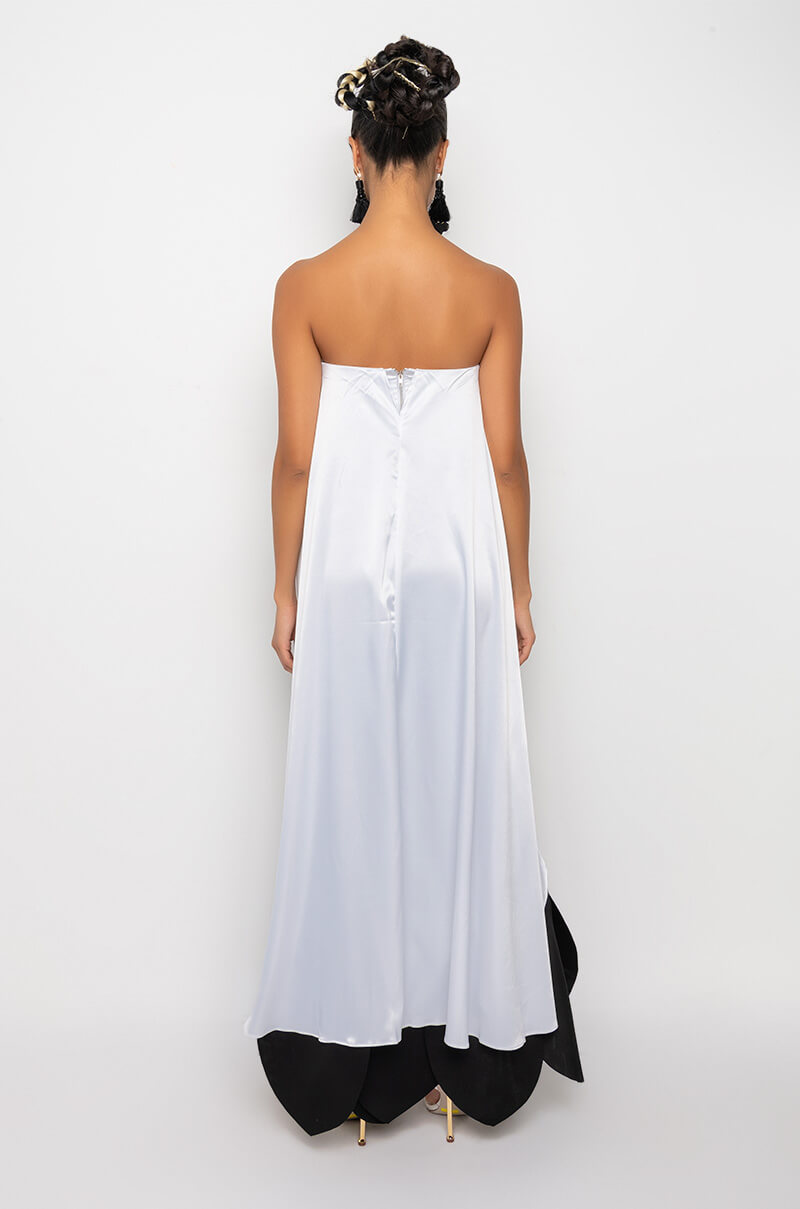 MONIQUE STRAPLESS HIGH LOW SATIN BLOUSE