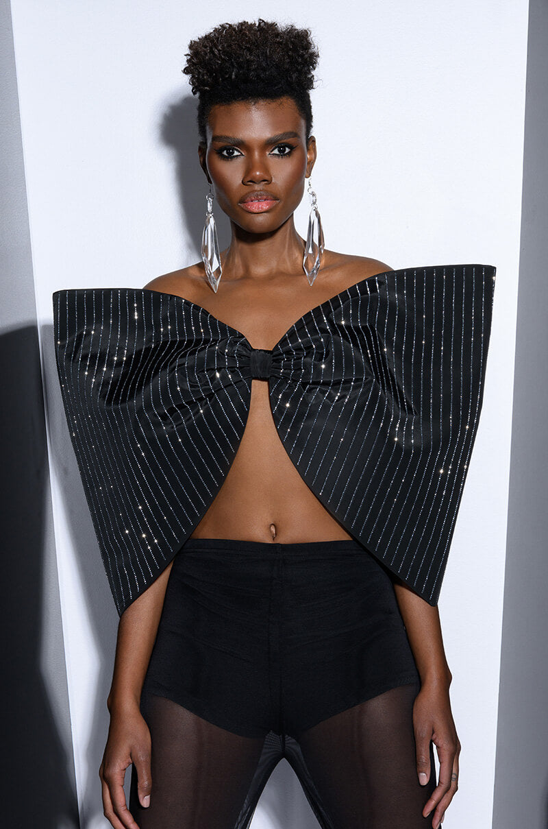 STRIPED RHINESTONE DRAMATIC BOW TOP