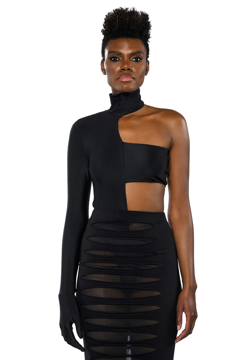 MIA BANDEAU DETAIL MOCK NECK BODYSUIT WITH GLOVE
