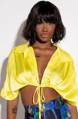 STAY GOLD SATIN TIE FRONT CROP BLOUSE