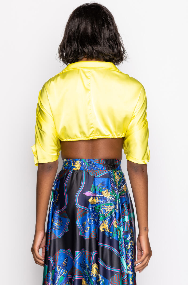 STAY GOLD SATIN TIE FRONT CROP BLOUSE