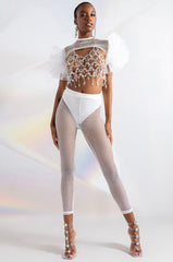 STEVIE RHINESTONE MESH TULLE SLEEVE BLOUSE