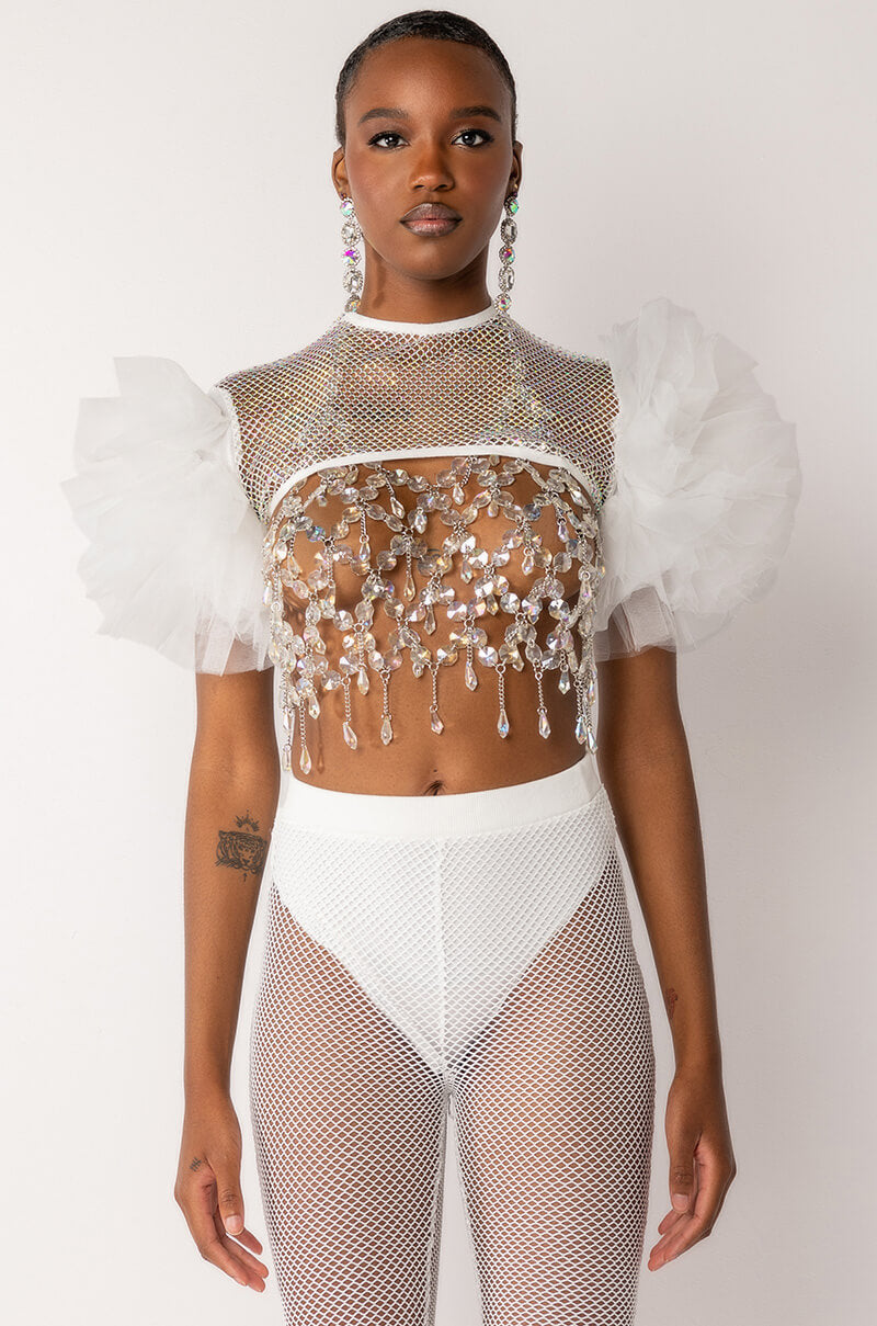 STEVIE RHINESTONE MESH TULLE SLEEVE BLOUSE