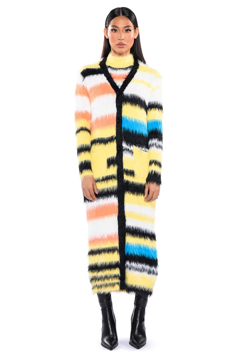 STRIPED FUZZY CARDIGAN