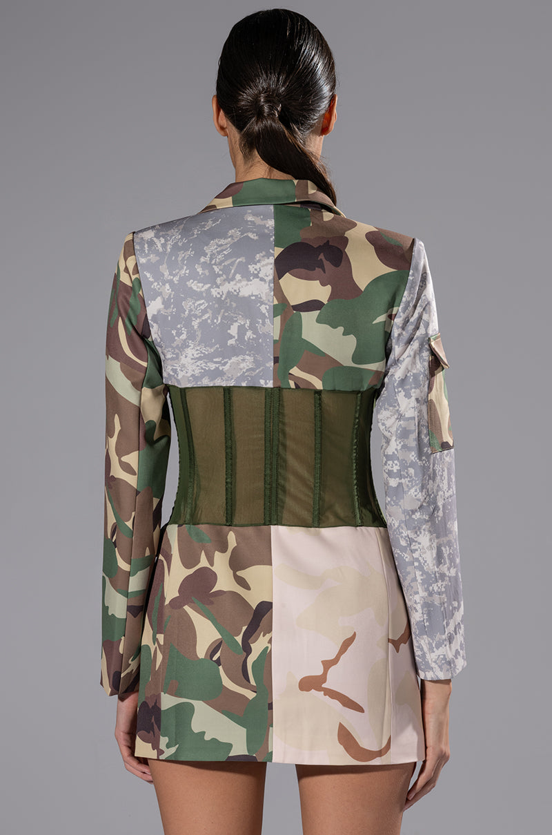 STRONG ONE PATCHWORK CAMO CORSET BLAZER