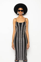 STUNNA MESH RHINESTONE TRIM MIDI DRESS