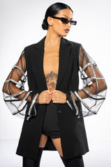 SUGAR AND SPICE MESH RHINESTONE ARM BLAZER