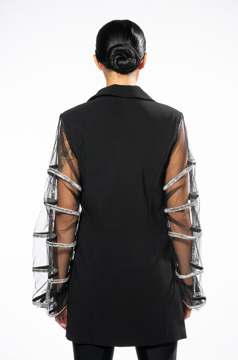 SUGAR AND SPICE MESH RHINESTONE ARM BLAZER