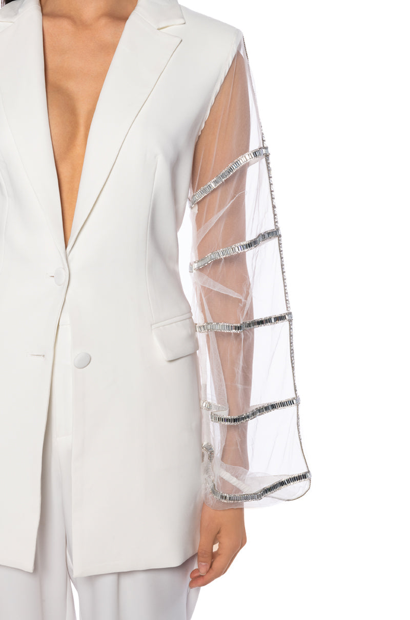 SUGAR AND SPICE MESH RHINESTONE ARM BLAZER
