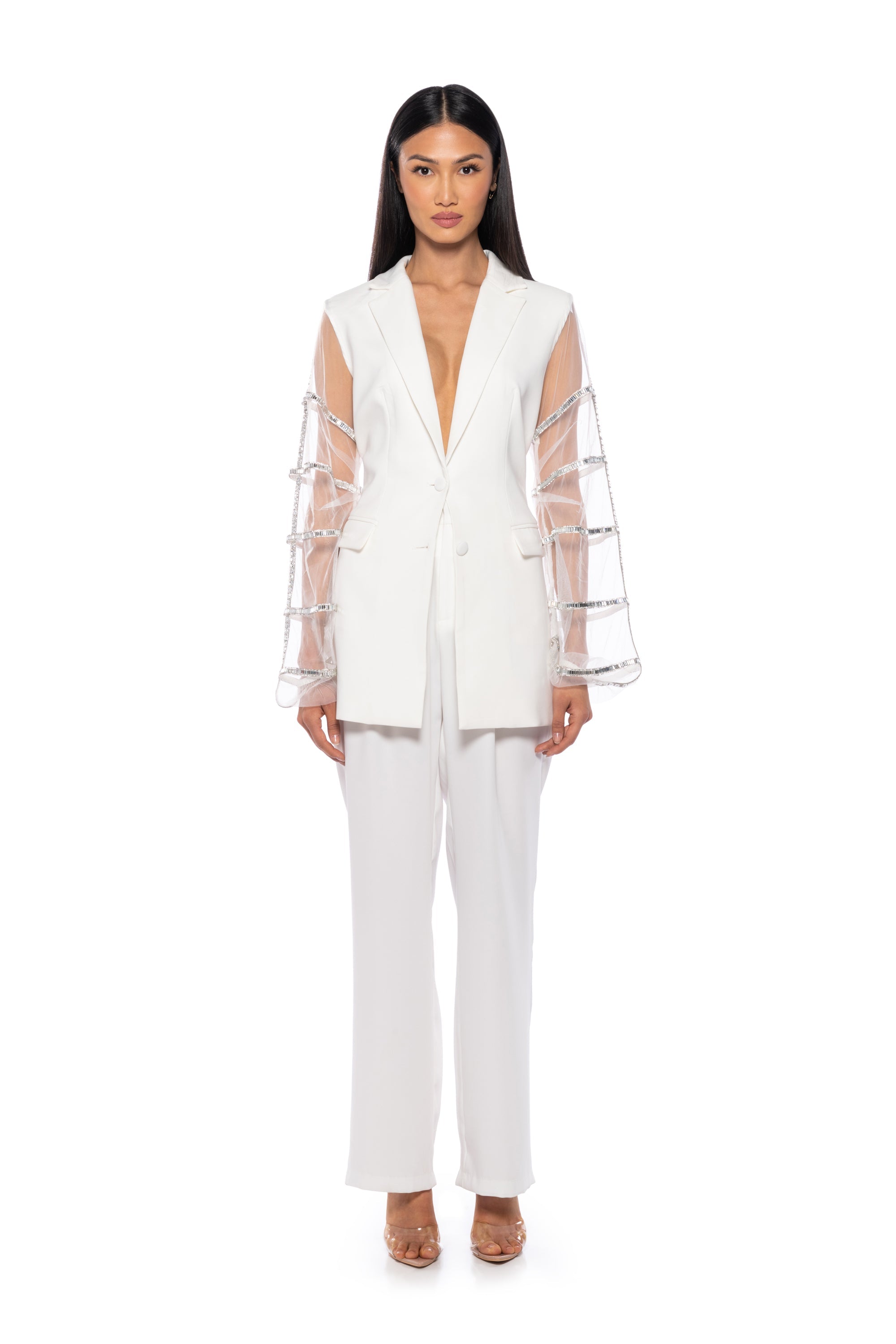 SUGAR AND SPICE MESH RHINESTONE ARM BLAZER
