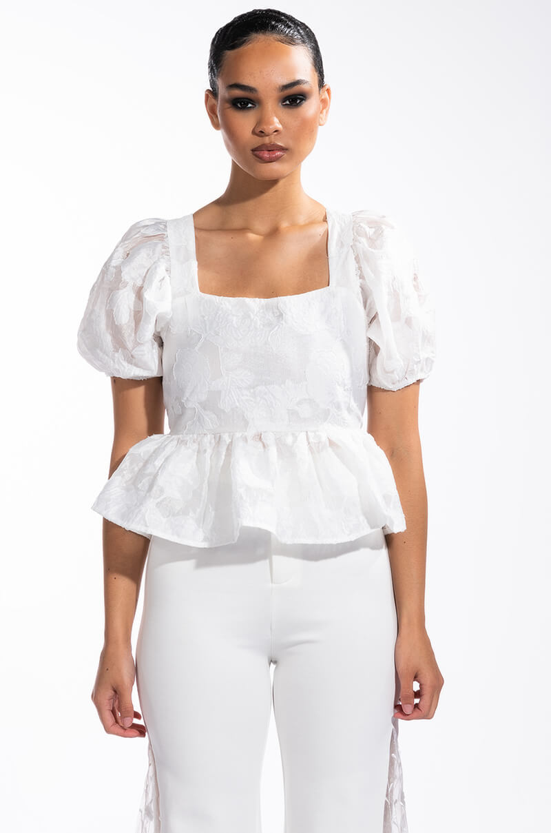 SUGAR SQUARE NECK SHORT SLEEVE PEPLUM BLOUSE