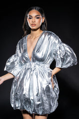 SUPERSTAR METALLIC V NECK MINI DRESS IN SILVER