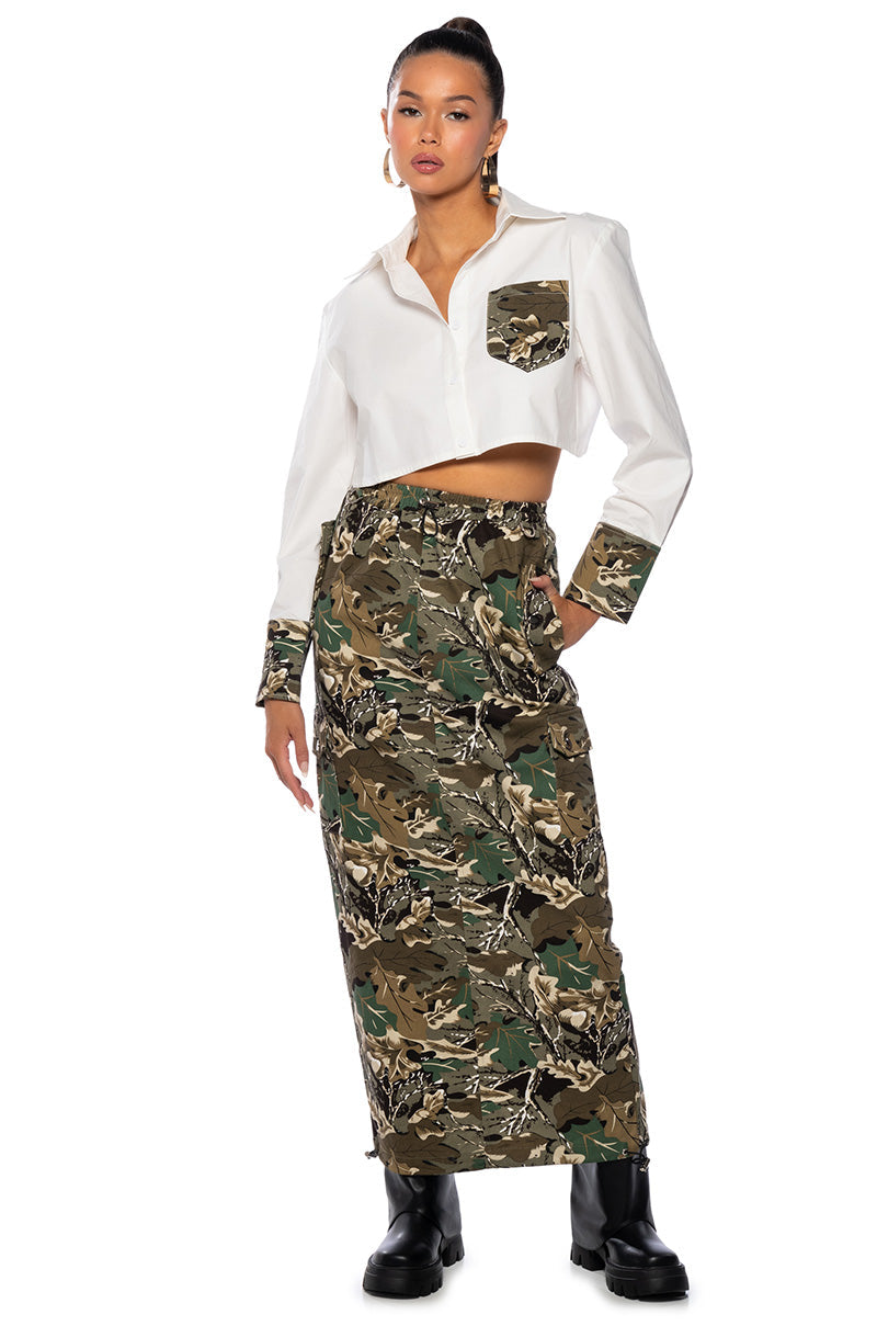 SURVIVAL MODE CAMO MAXI SKIRT