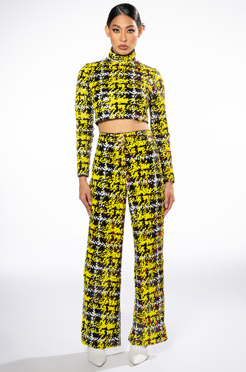 SWEET ESCAPE SEQUIN PLAID WIDE LEG PANT