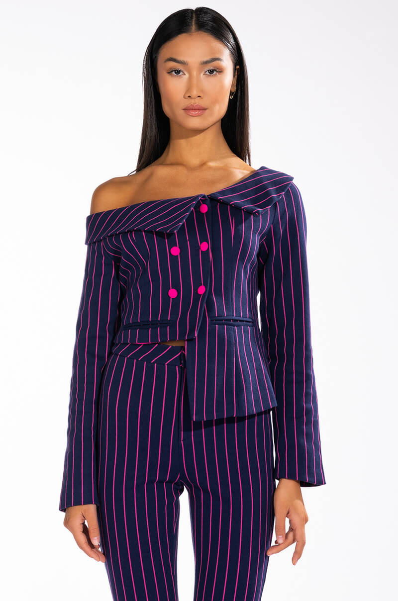 SWEET LIKE SUGAR PINSTRIPE OFF SHOULDER BLAZER