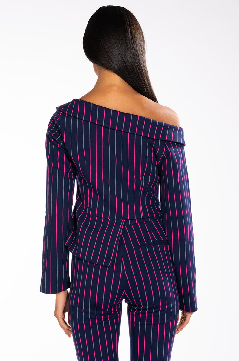 SWEET LIKE SUGAR PINSTRIPE OFF SHOULDER BLAZER