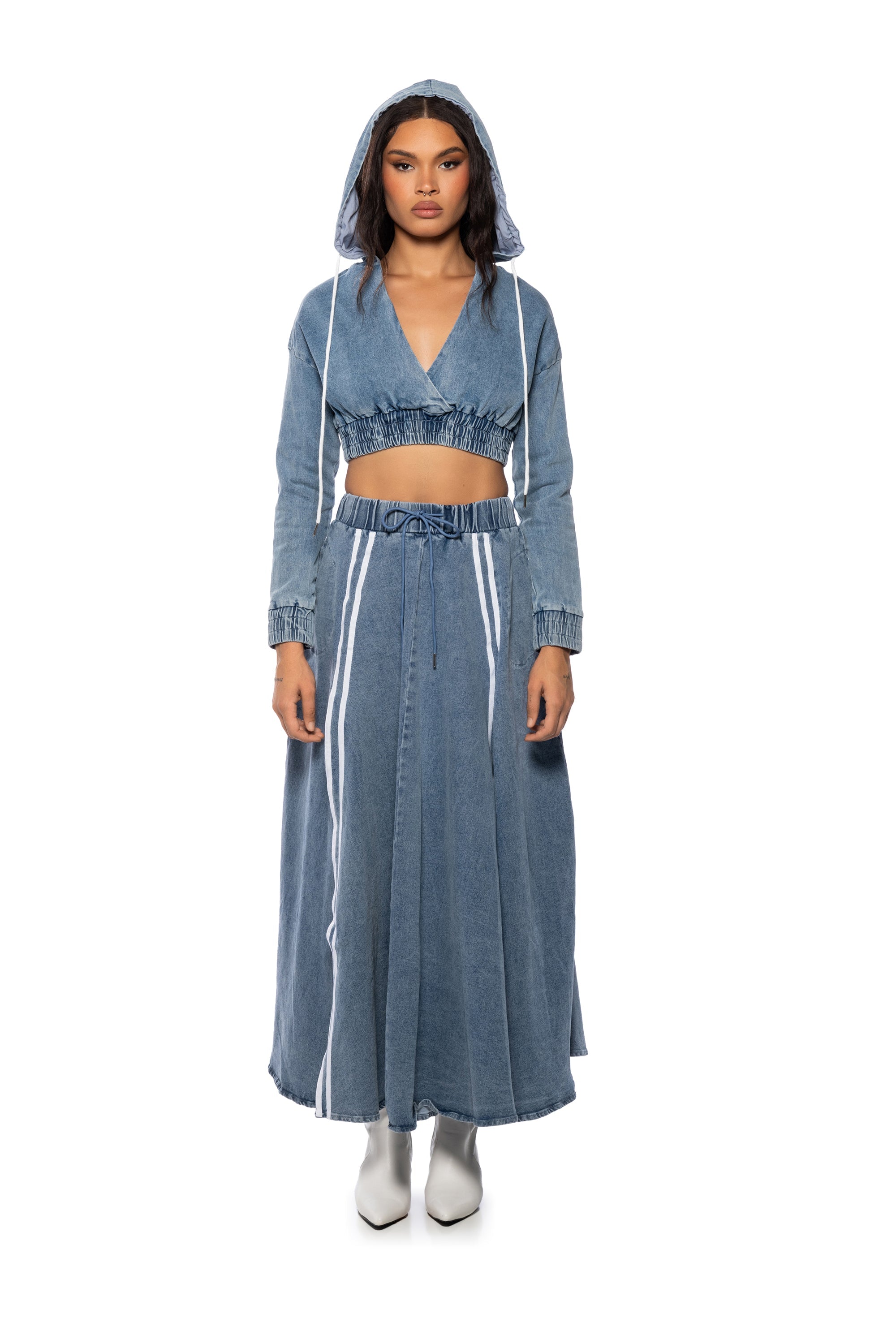 SWEET NOTHINGS STRIPED DENIM HOODED SWATSHIRT