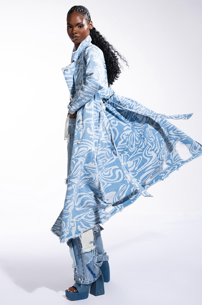 SWIRLY PRINTED DENIM TRENCH