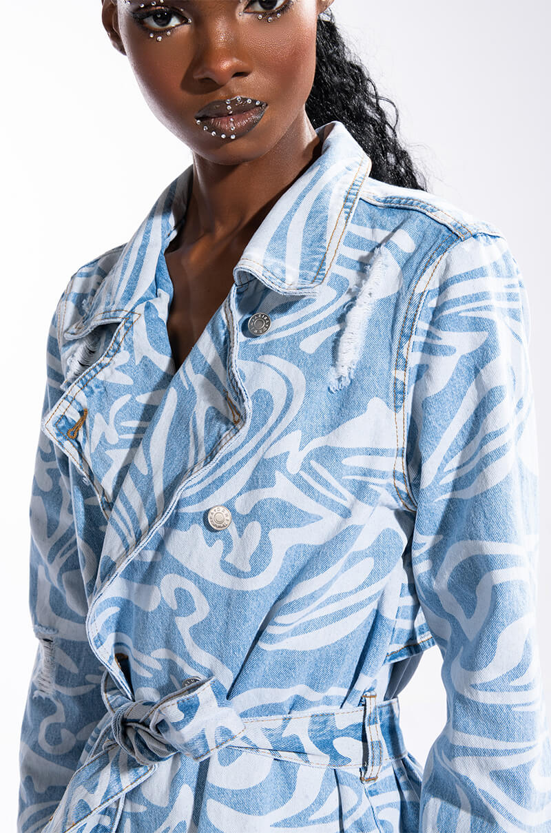 SWIRLY PRINTED DENIM TRENCH