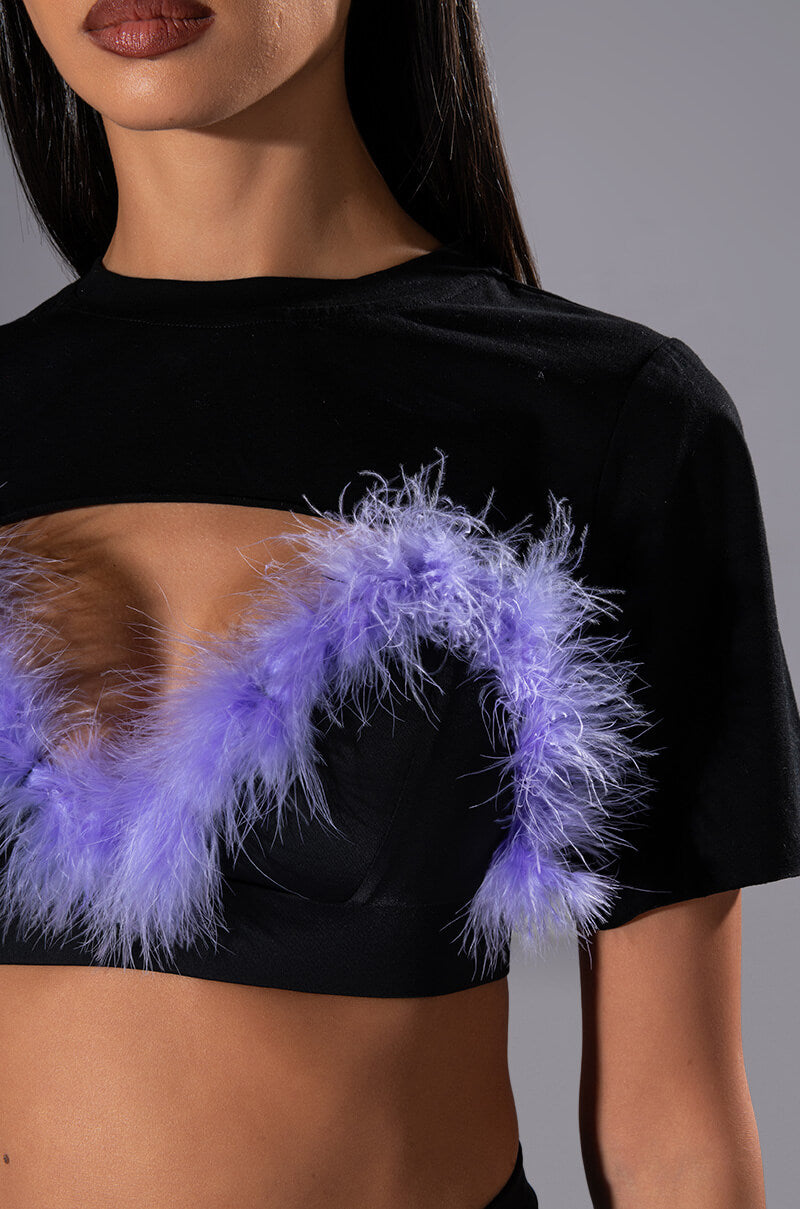TAI FEATHER TRIM BRA AND ULTRA CROP TSHIRT SET