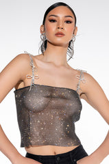 XENA RHINESTONE MESH BOW DETAIL CROPPED TANK
